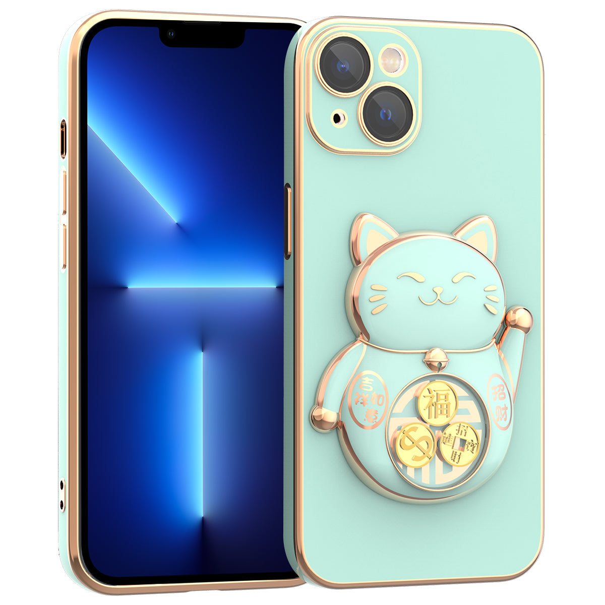 For iPhone 13 6.1 inch Electroplating Phone Case Lucky Fortune Cat Kickstand TPU+PC Shockproof Cover with Camera Lens Protector - Green For iPhone 13 6.1 inch Electroplating Phone Case Lucky Fortune Cat Kickstand TPU+PC Shockproof Cover with Camera Lens Protector - Green